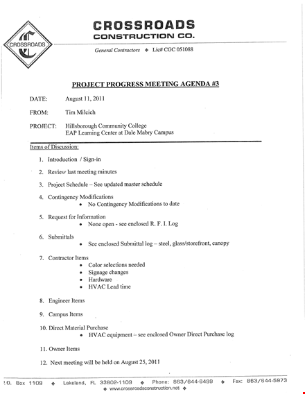 meeting agenda template for project progress: owner updates and contingency discussion template