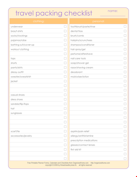 organized packing list template for clothing & shoes template