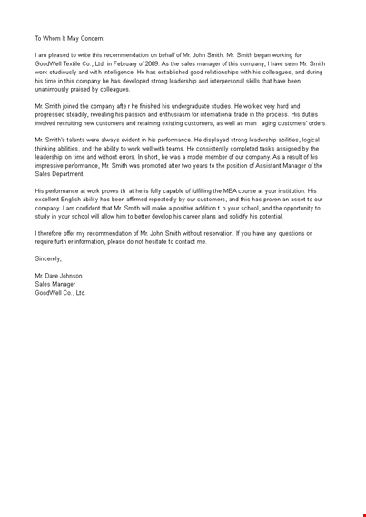 recommendation letter for sales template
