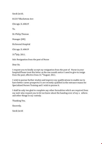 free nurse resignation letter template