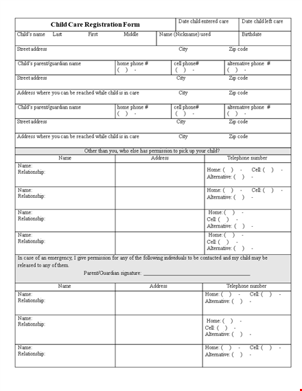 printable childcare registration form template