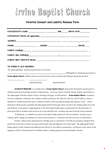 parental consent and liability release form template