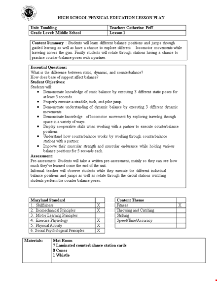 elementary physical education lesson plan template template