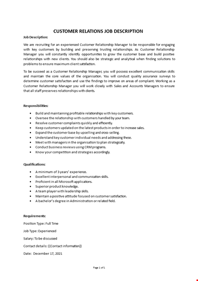 customer relations job description template