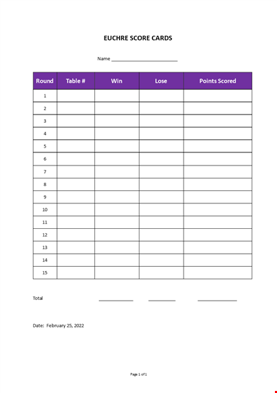 euchre score card template  template