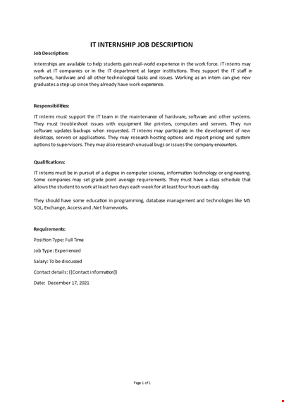 it internship job description template