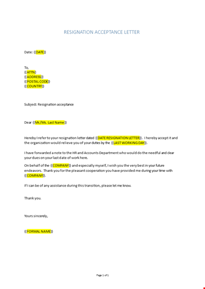 resignation acceptance letter sample  template