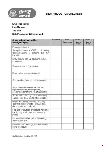 sample staff induction checklist | policy review | procedure initials template