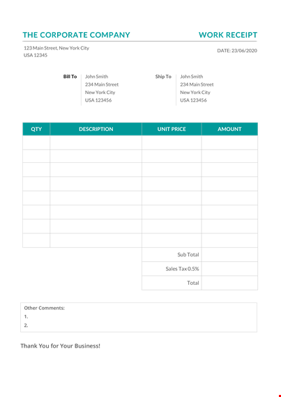 work receipt template