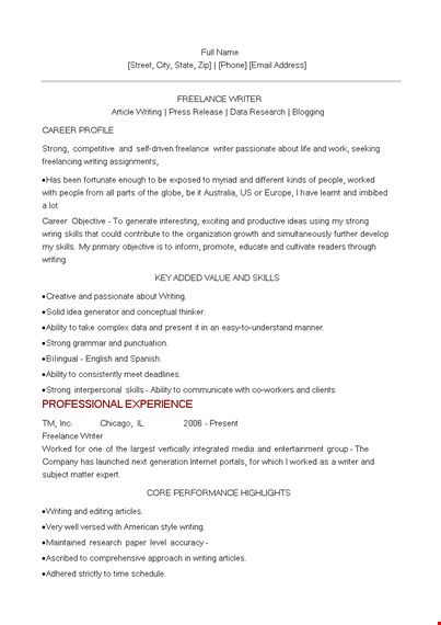 freelance writer cv template