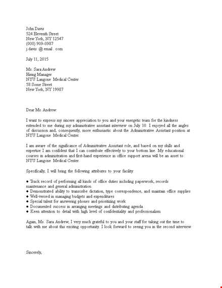 thank you letter for job interview administrative assistant template