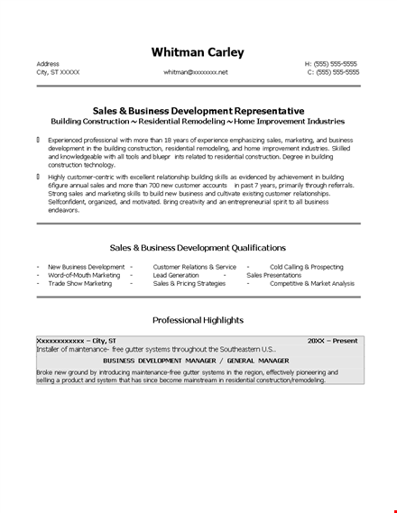 resume sample for former business owner | sales, construction, building template