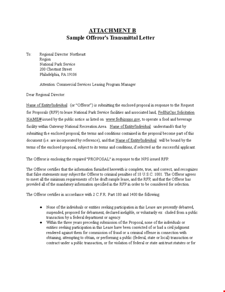 lease offeror: transmittal letter for lease proposal template