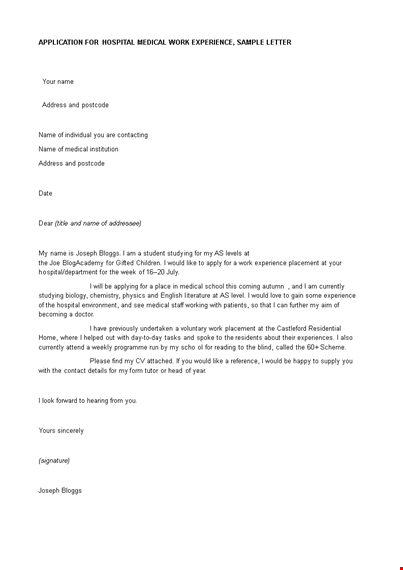 hospital work application letter template