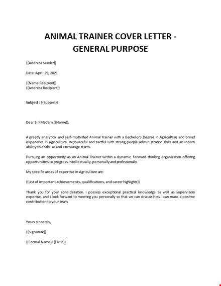 animal trainer cover letter template