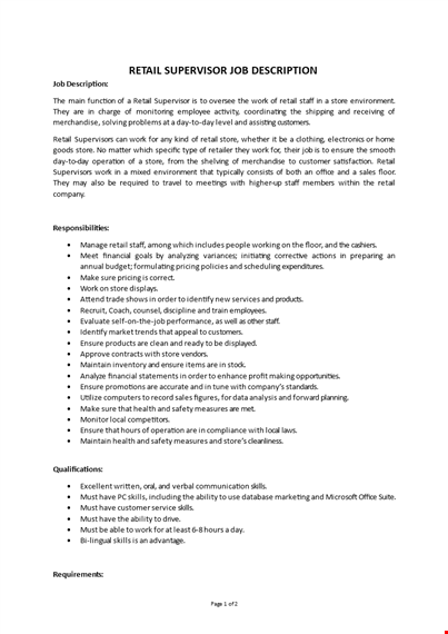 retail supervisor job description  template