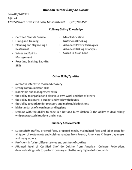 chef resume template