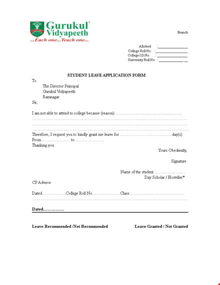 college leave application letter format template