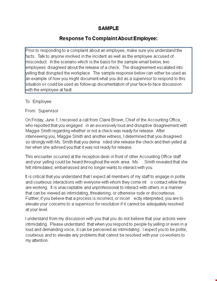 employee complaint response letter template