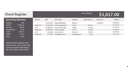 easy checkbook register for school with balances, categories, checks and deposits template