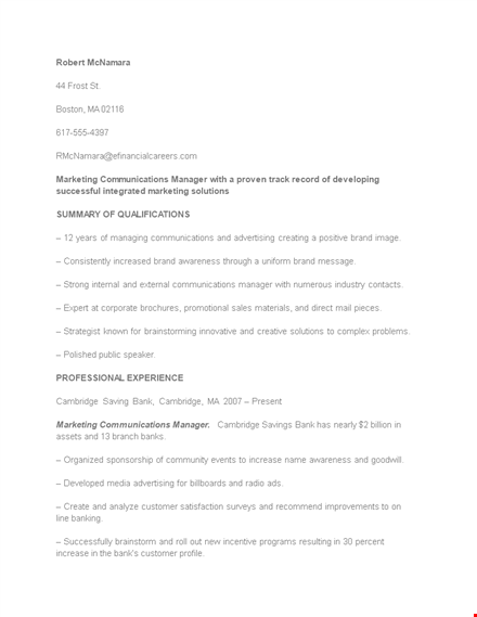 marketing communications manager resume template