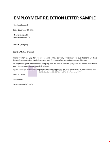 employment rejection letter sample template