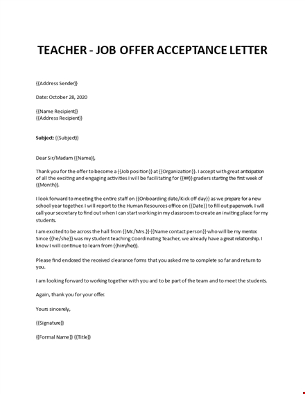 acceptance letter for a teaching job template