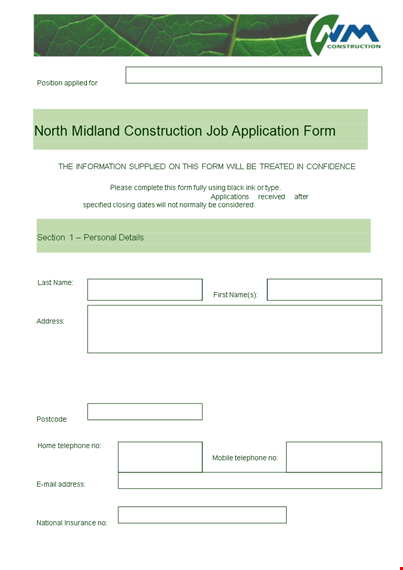 construction employee application form - please section: dates template