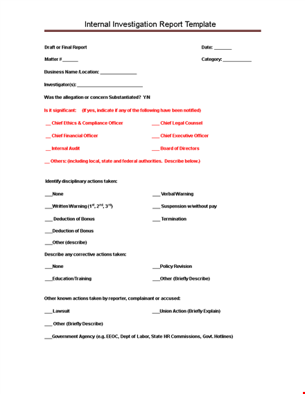 internal investigation report template | chief actions | describe investigation taken template