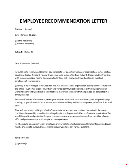 recommendation letter from an employer template