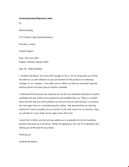 formal interview rejection letter template