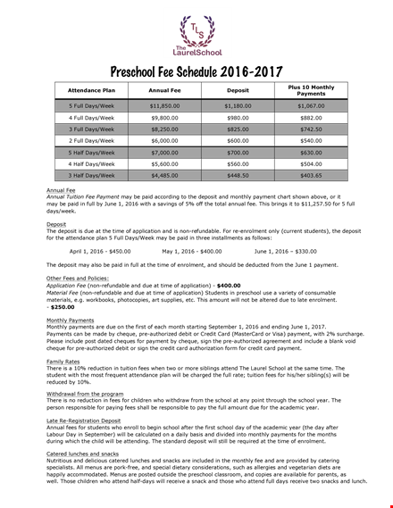 preschool fee schedule template template