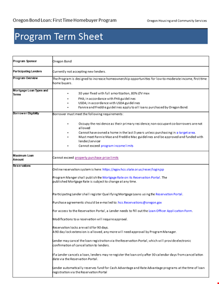 program term for oregon lender reservation program template