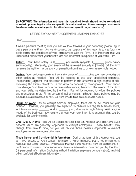 exempt employee employement agreement letter lsdfrrz template