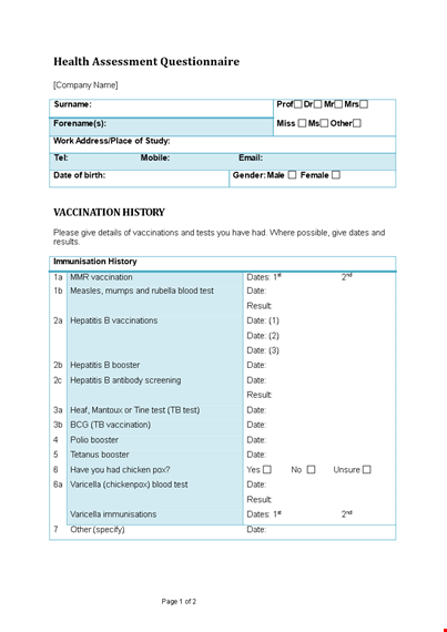 health questionnaire template for hepatitis and occupational research template