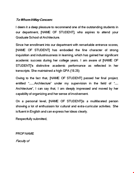 teacher's recommendation letter template for academic, architecture student department template