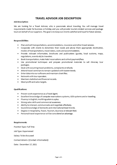 travel advisor job description template