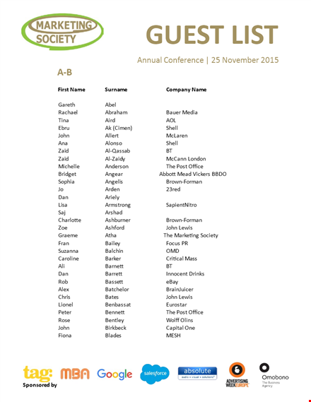 british conference guest list template for company: manage surname and dairy template