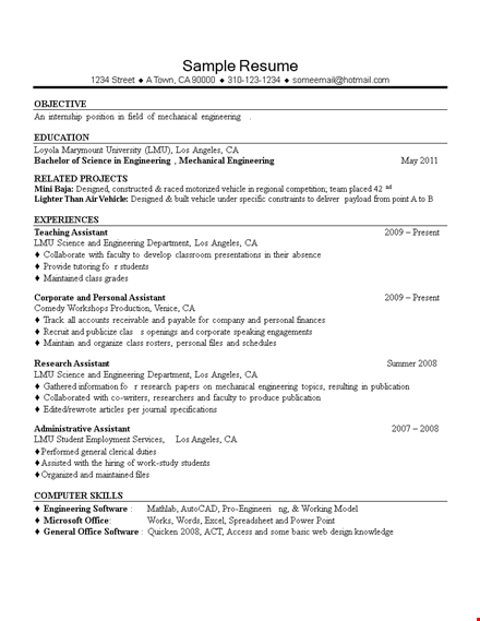 mechanical engineering internship resume - get expert assistance | engineering in los angeles template