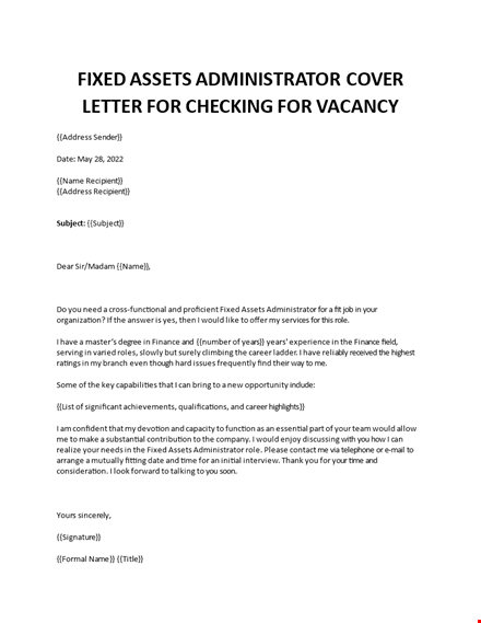 fixed assets administration cover letter template