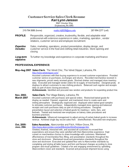 customer service sales clerk resume template