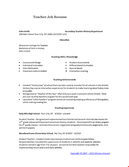 teacher job resume example template