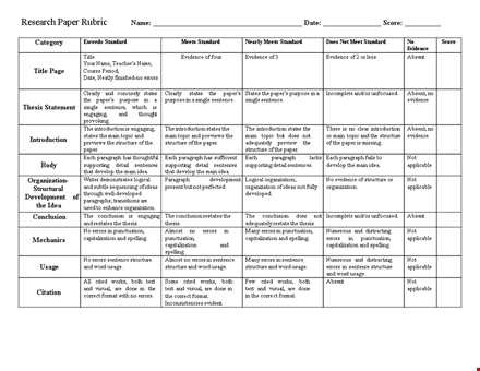 science rubrics - standard research paper: topic, evidence, and errors template