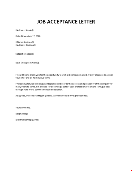 job offer acceptance email sample template