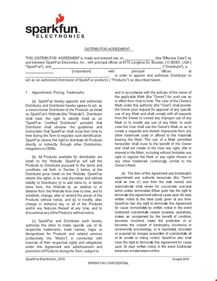 distribution agreement - sparkfun | clear guidelines for product distribution and rights fulfillment template