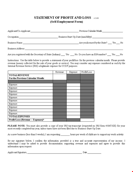 profit and loss statement form for self-employment | business expenses, revenue | apply now template