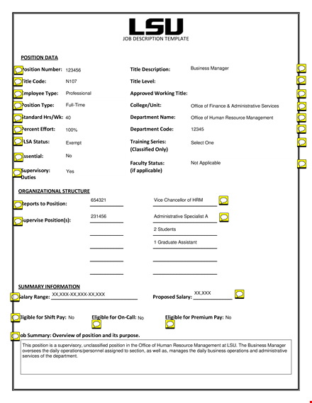 office job description template - management position template