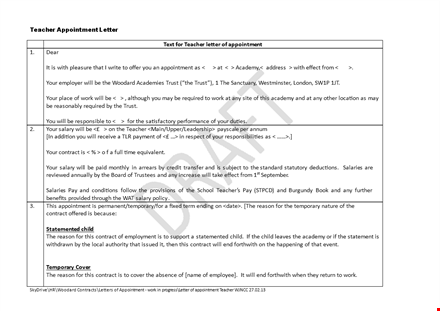 school teacher appointment letter - contract, employment | academy trust template