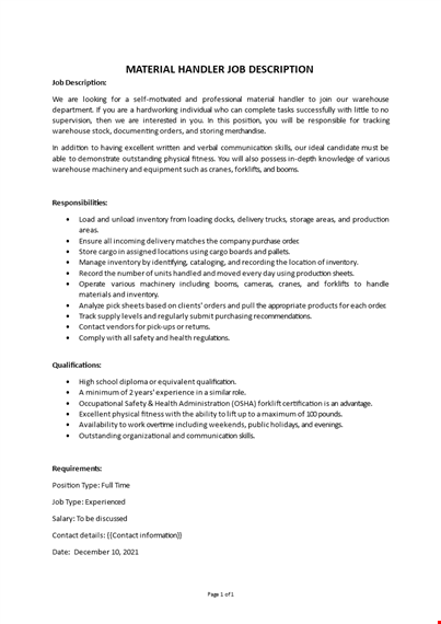 material handler job description template