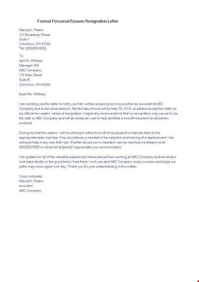formal personal reason resignation letter template